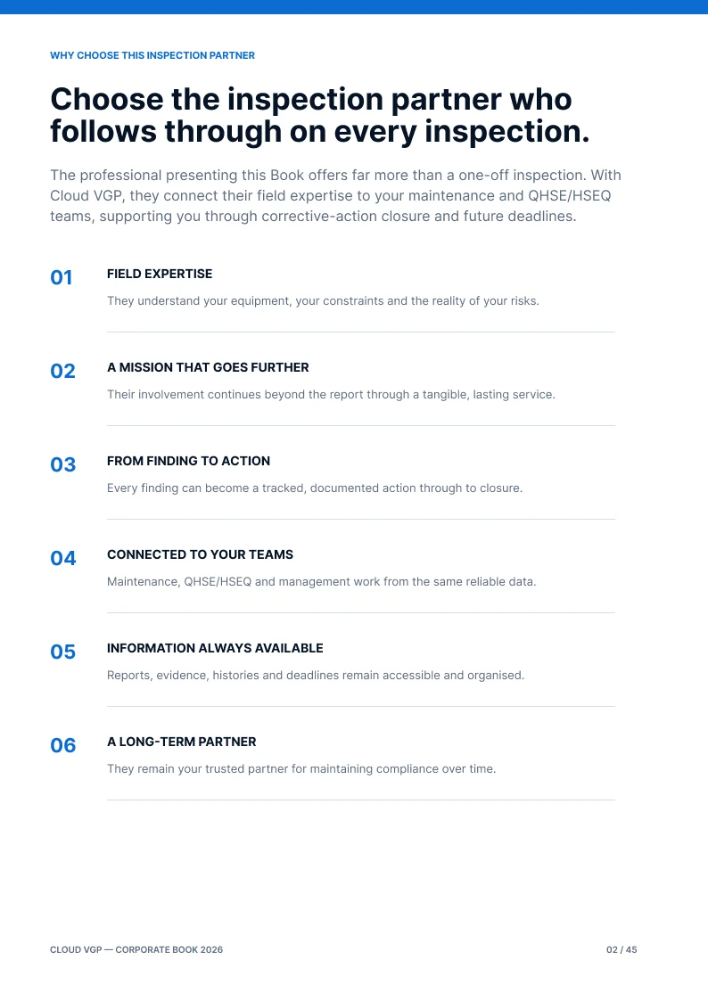 Thumbnail of page 2 of the Cloud VGP Corporate Book 2026 — Choose the inspection partner who follows through on every inspection.