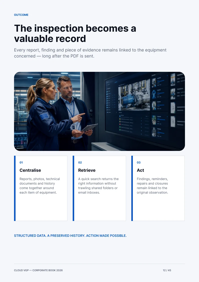 Thumbnail of page 12 of the Cloud VGP Corporate Book 2026 — The inspection becomes a valuable record