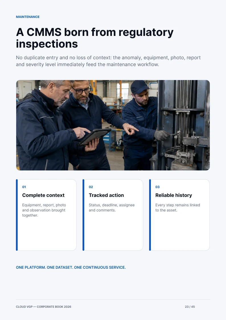 Thumbnail of page 23 of the Cloud VGP Corporate Book 2026 — A CMMS born from regulatory inspections