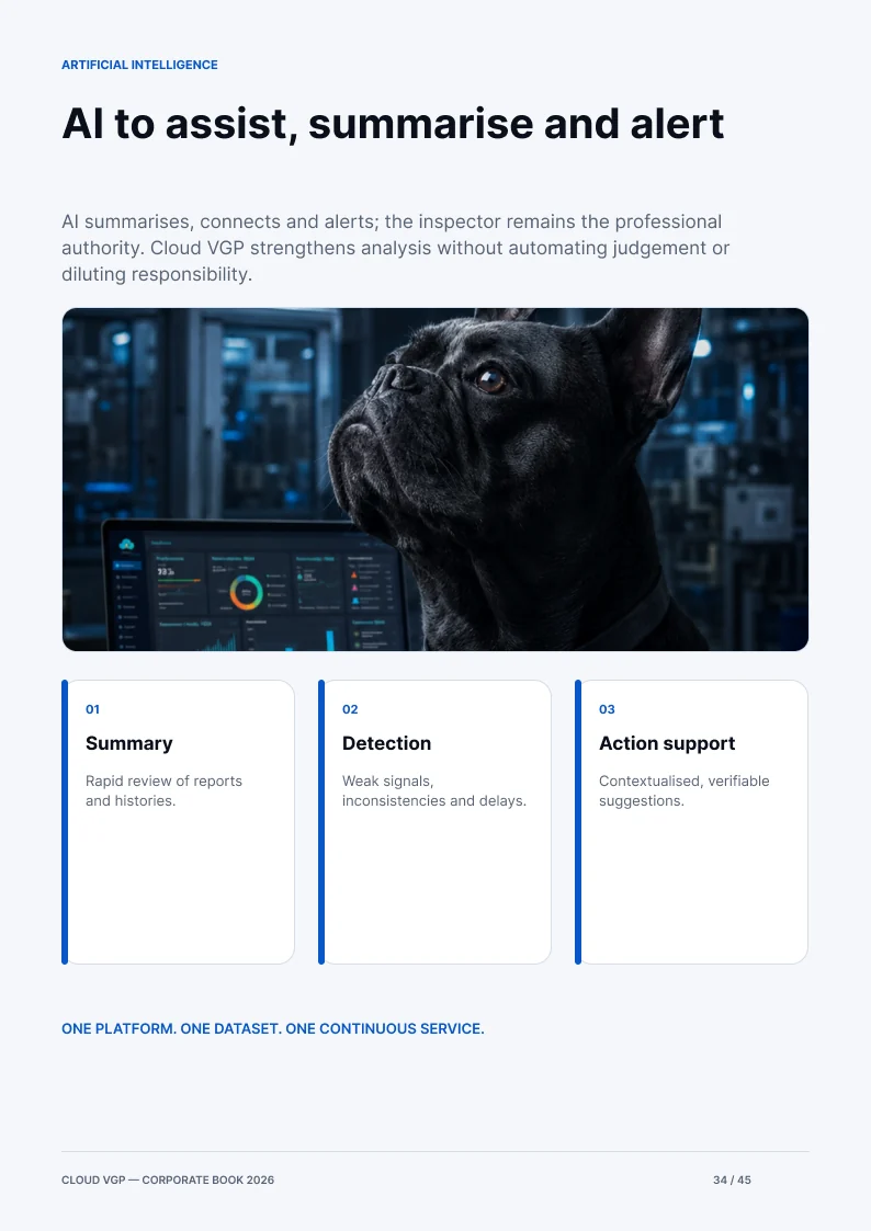 Thumbnail of page 34 of the Cloud VGP Corporate Book 2026 — AI to assist, summarise and alert