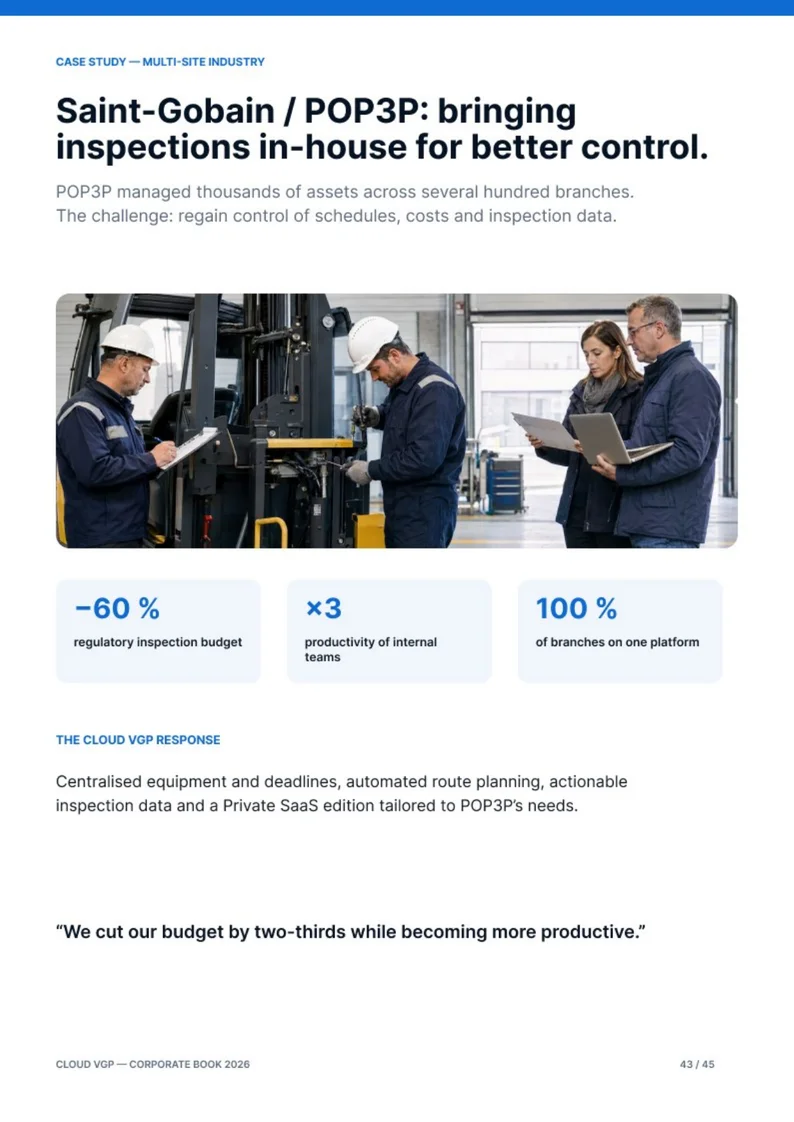 Thumbnail of page 43 of the Cloud VGP Corporate Book 2026 — Saint-Gobain / POP3P: bringing inspections in-house for better control.