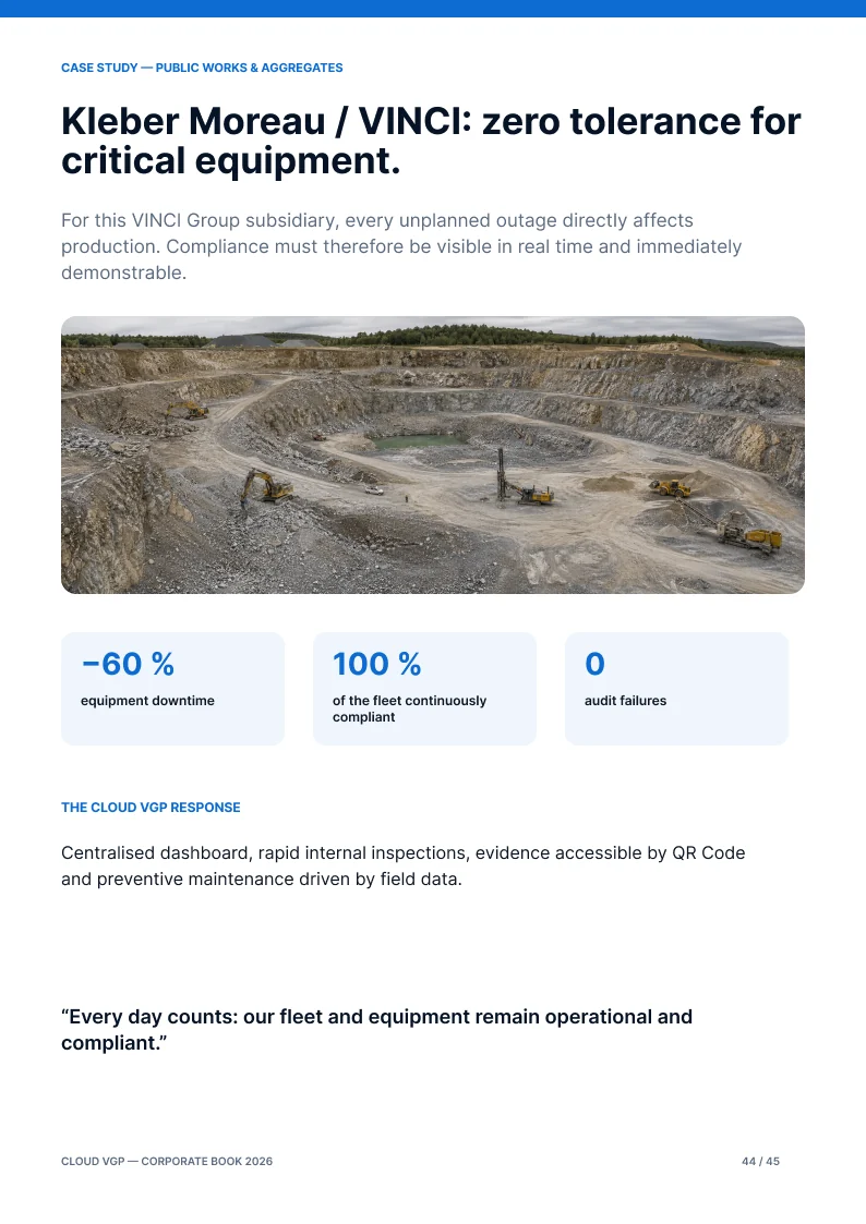 Thumbnail of page 44 of the Cloud VGP Corporate Book 2026 — Kleber Moreau / VINCI: zero tolerance for critical equipment.