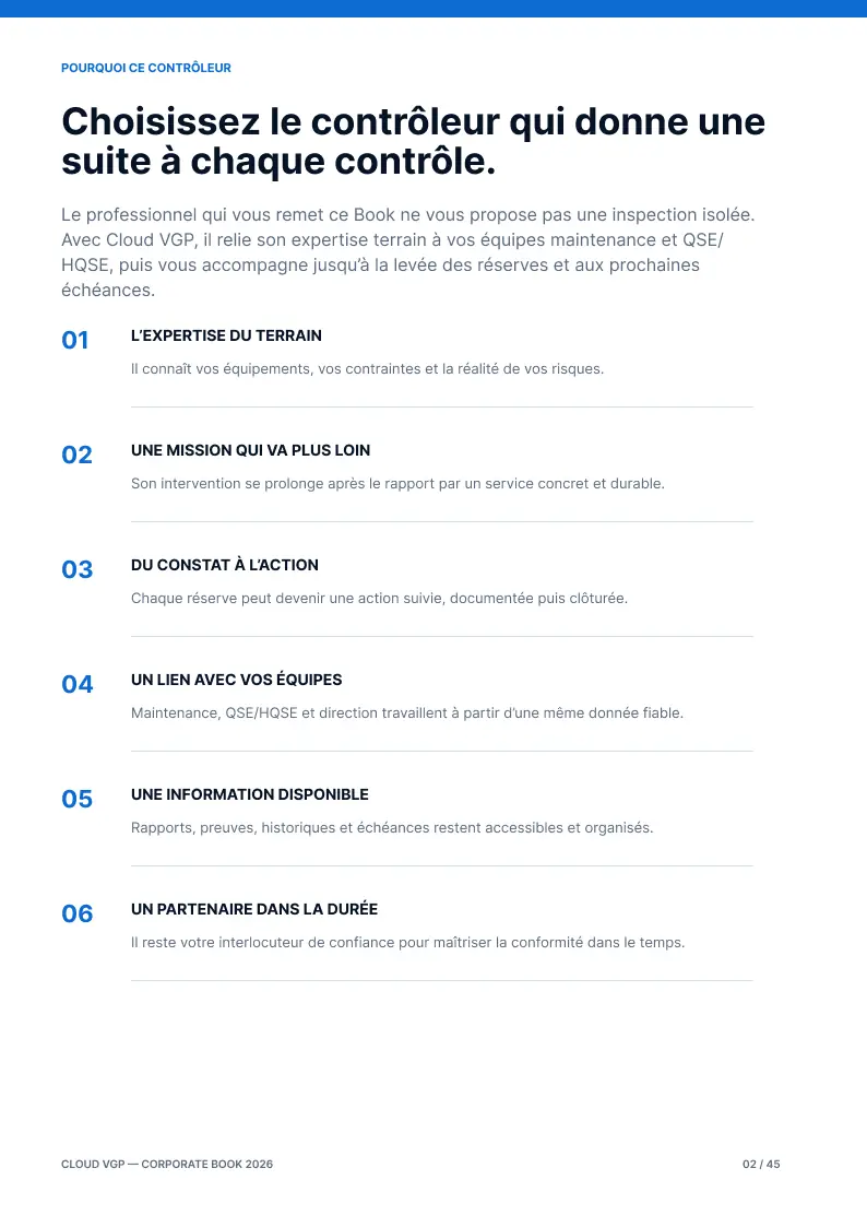 Miniature de la page 2 du Corporate Book Cloud VGP 2026 — Choisissez le contrôleur qui donne une suite à chaque contrôle