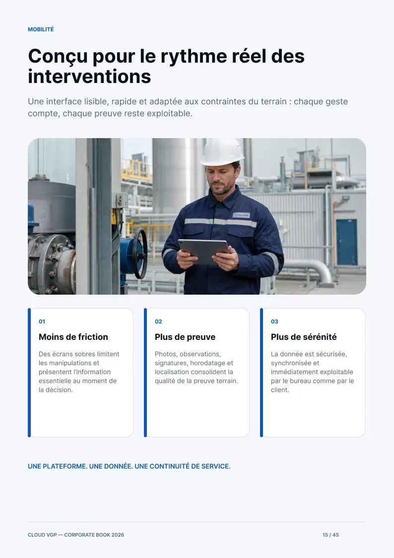 Miniature de la page 15 du Corporate Book Cloud VGP 2026 — Conçu pour le rythme réel des interventions
