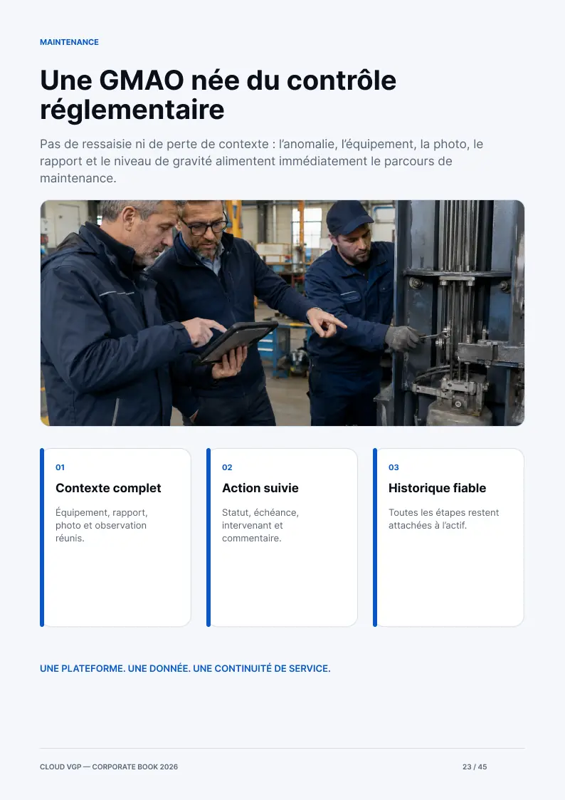 Miniature de la page 23 du Corporate Book Cloud VGP 2026 — Une GMAO née du contrôle réglementaire